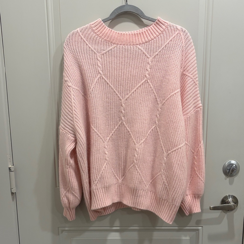 SHEIN Light Pink Diamond Cable Knit Crewneck Sweater
